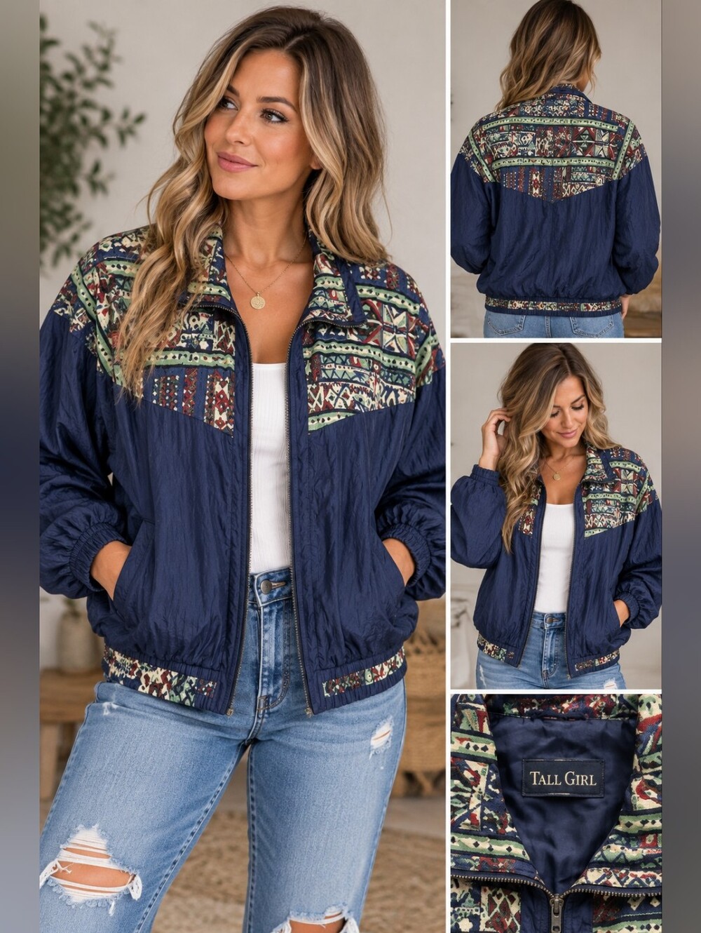 Vintage Tall Girl Silk Bomber Jacket Women’s Large Blue Tribal Geometric Windbre